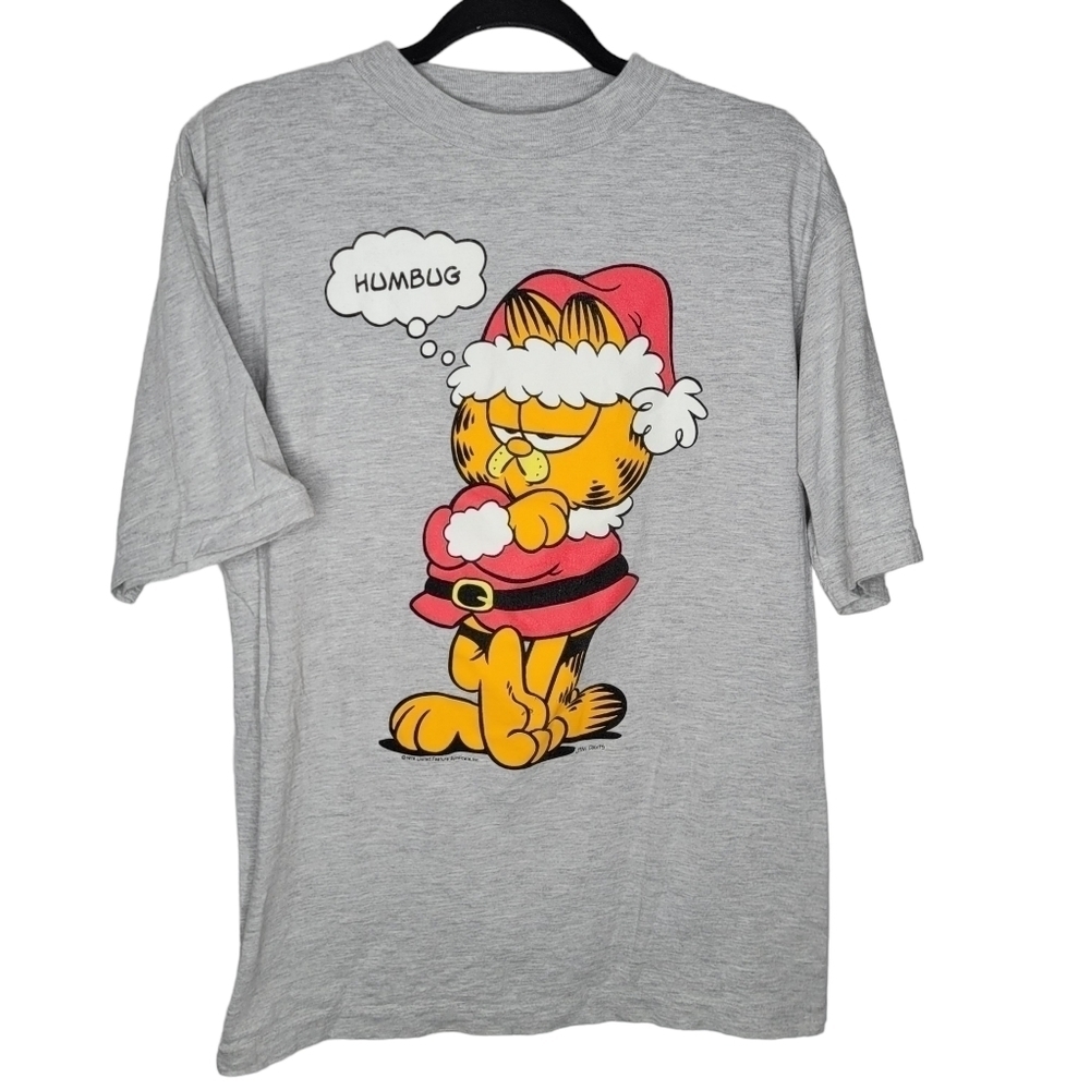 Vintage 70s Garfield Humbug Christmas Santa Jim Davis Paws T-Shirt in Grey